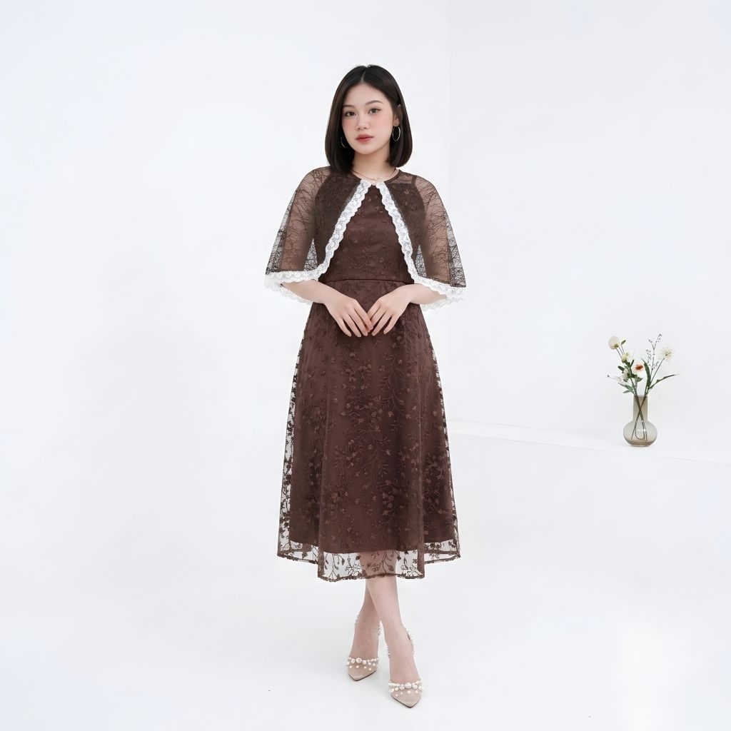 Gaun Kondangan Wanita Dewasa Modis Dress Balero Brokat Midi Dress Elegan Fashion Korea Mewah Ms