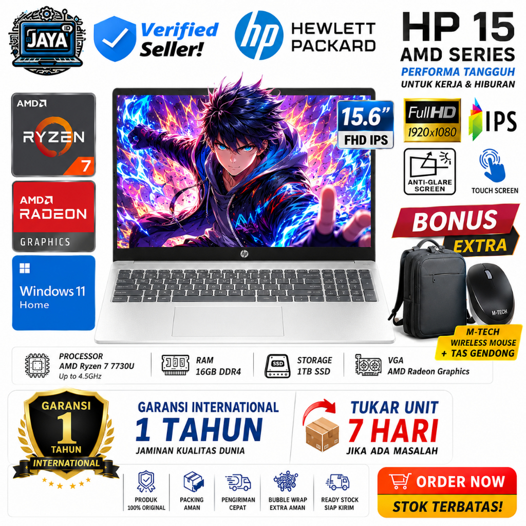 Laptop HP 15 Ryzen 7 7730U 32GB 1TB SSD FHD IPS Touch Windows 11 Original