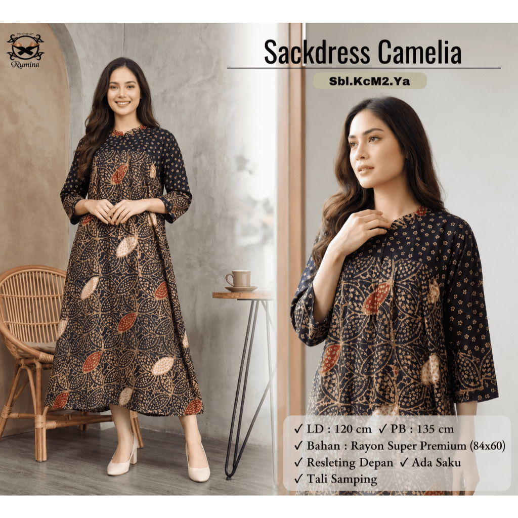 RUMINA Sackdress Camelia - Batik Wanita Rayon Super Premium Model Klok Lengan 7/8 (LD 120 PB 135) | 