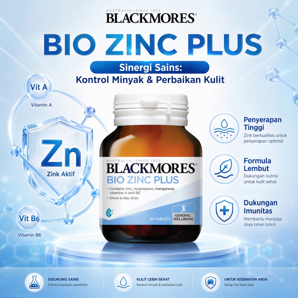 Blackmores Bio Zinc Plus 90 Tablet, Suplemen Zinc Aktif, Vitamin A & B6, Kulit Lebih Sehat