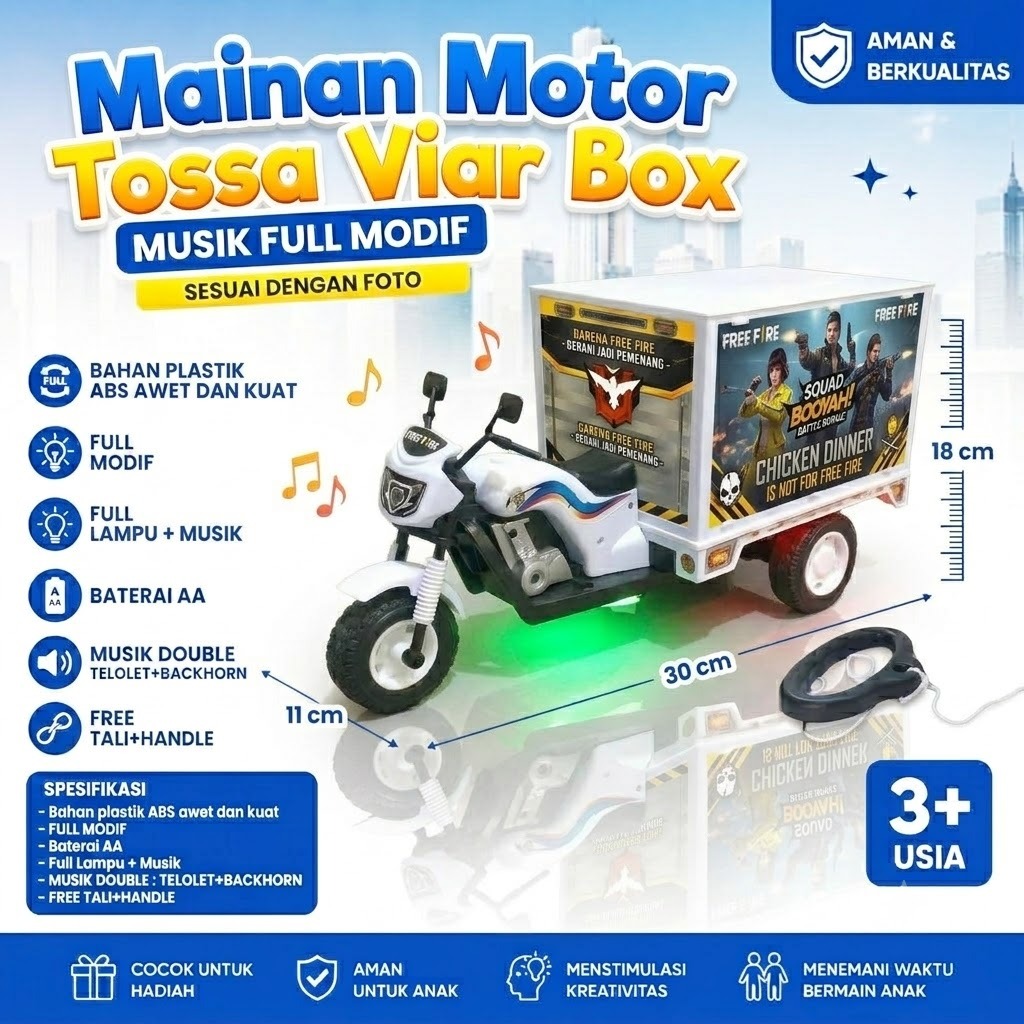 Mainan Motor Tossa Viar Box Full Modif Musik, Lampu, Free Fire, Baterai AA, 3+ Usia