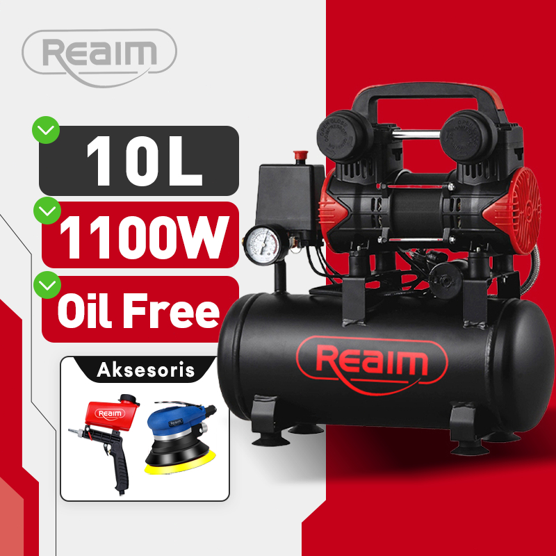 Reaim Kompresor Angin Listrik 10L Oilless Kompresor Mini Listrik 1100W Mesin Pompa Angin Kompresor