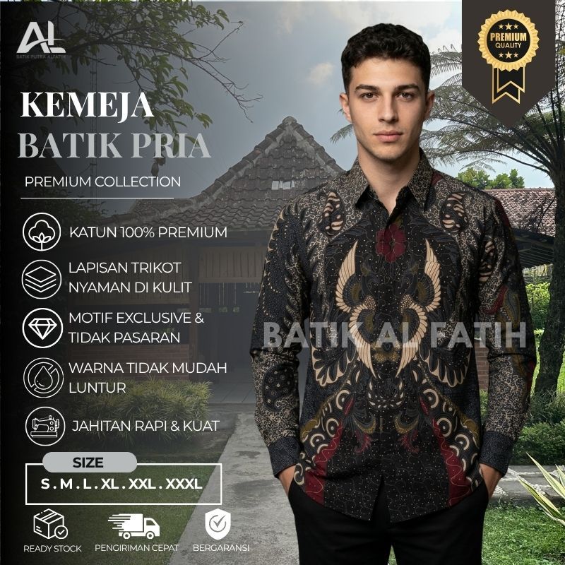 Batik Putra Alfatih - Kemeja Batik Lengan Panjang - Motif Jatayu Warna Hitam Kombinasi