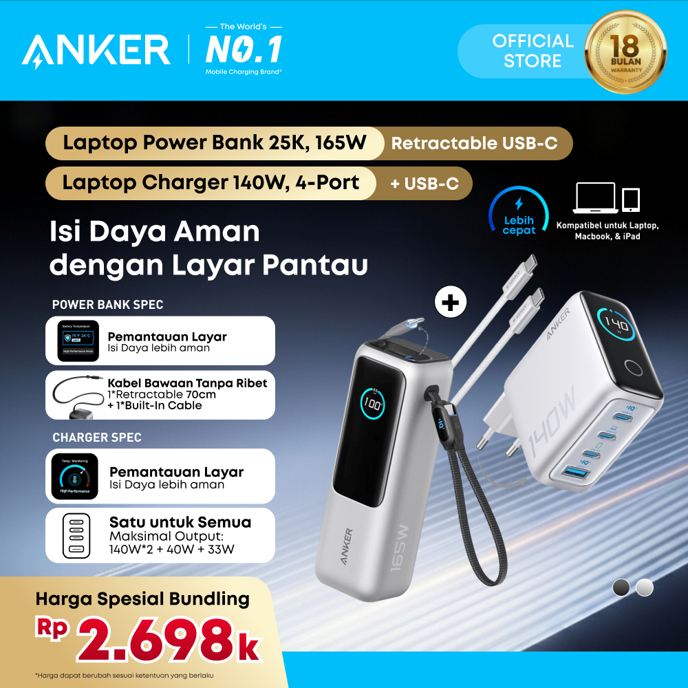 Anker Smart Display Powerbank and Adapter Set for Laptop Dell HP Lenovo MacBook Series 25,000mAh 165