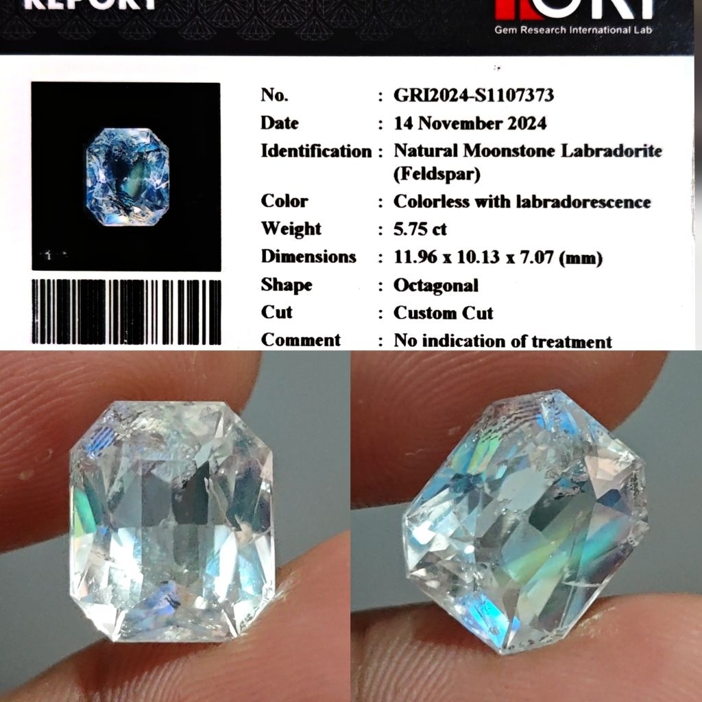 Natural Rainbow Moonstone 5.75ct GRI Material Top Crystall Full Luster Gemericik Body Kaca Metalik