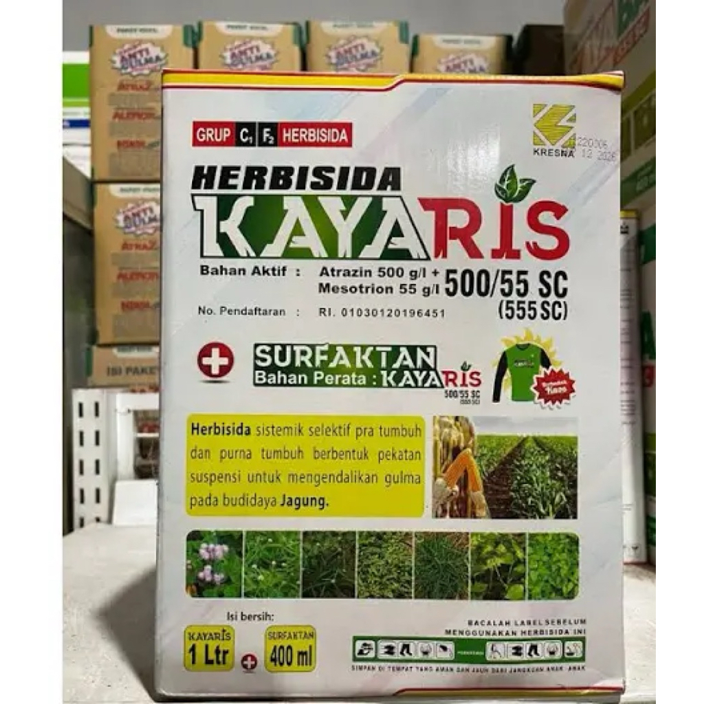 kayaris 1 Liter Atrazin 500 g/l dan Mesotrion 55 g/l (Kayaris 555 SC).