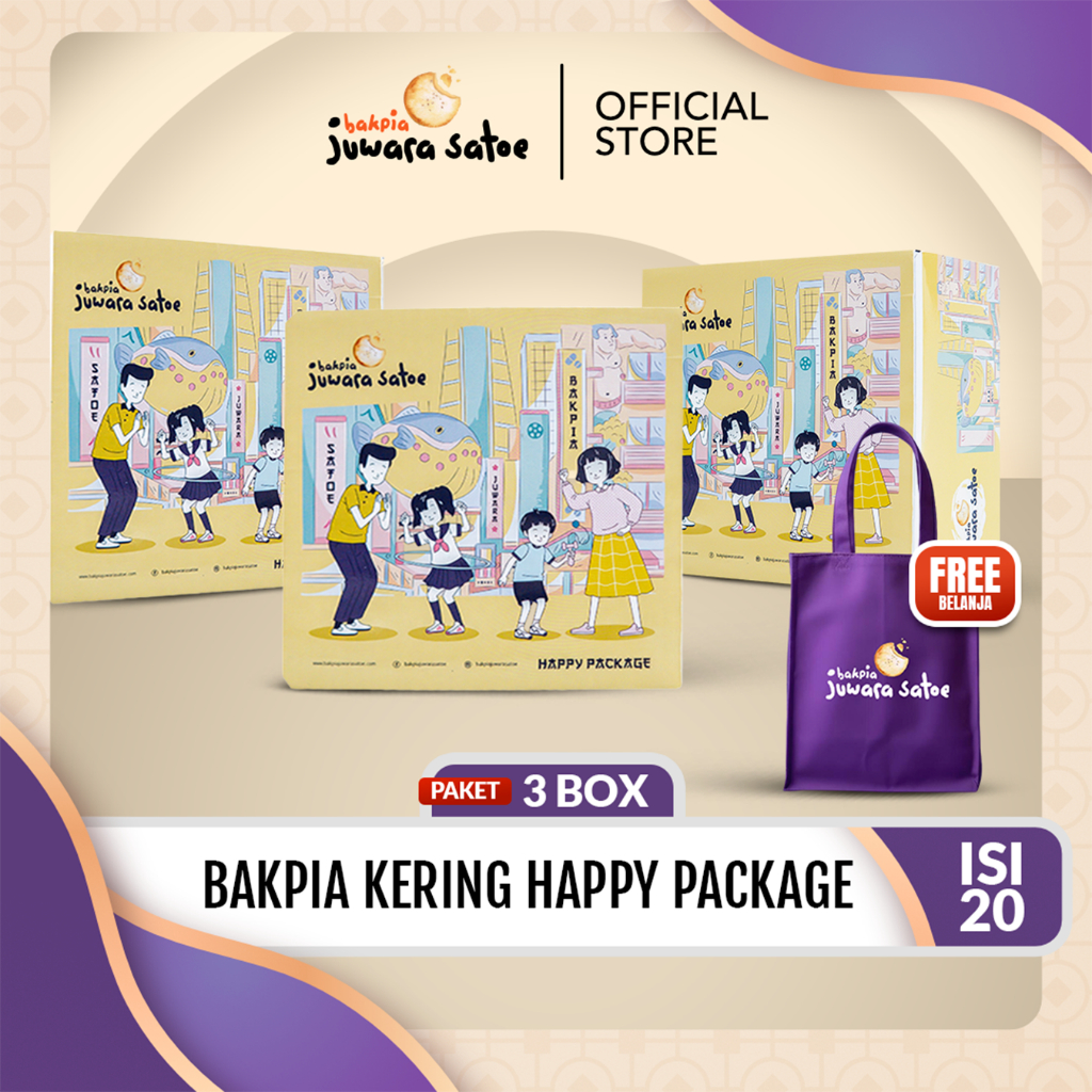 JUWARA SATOE [ 3 BOX ] Paket Bakpia Kering Mix Happy Package Isi 20 FREE Shopping Bag PJS - Makanan 