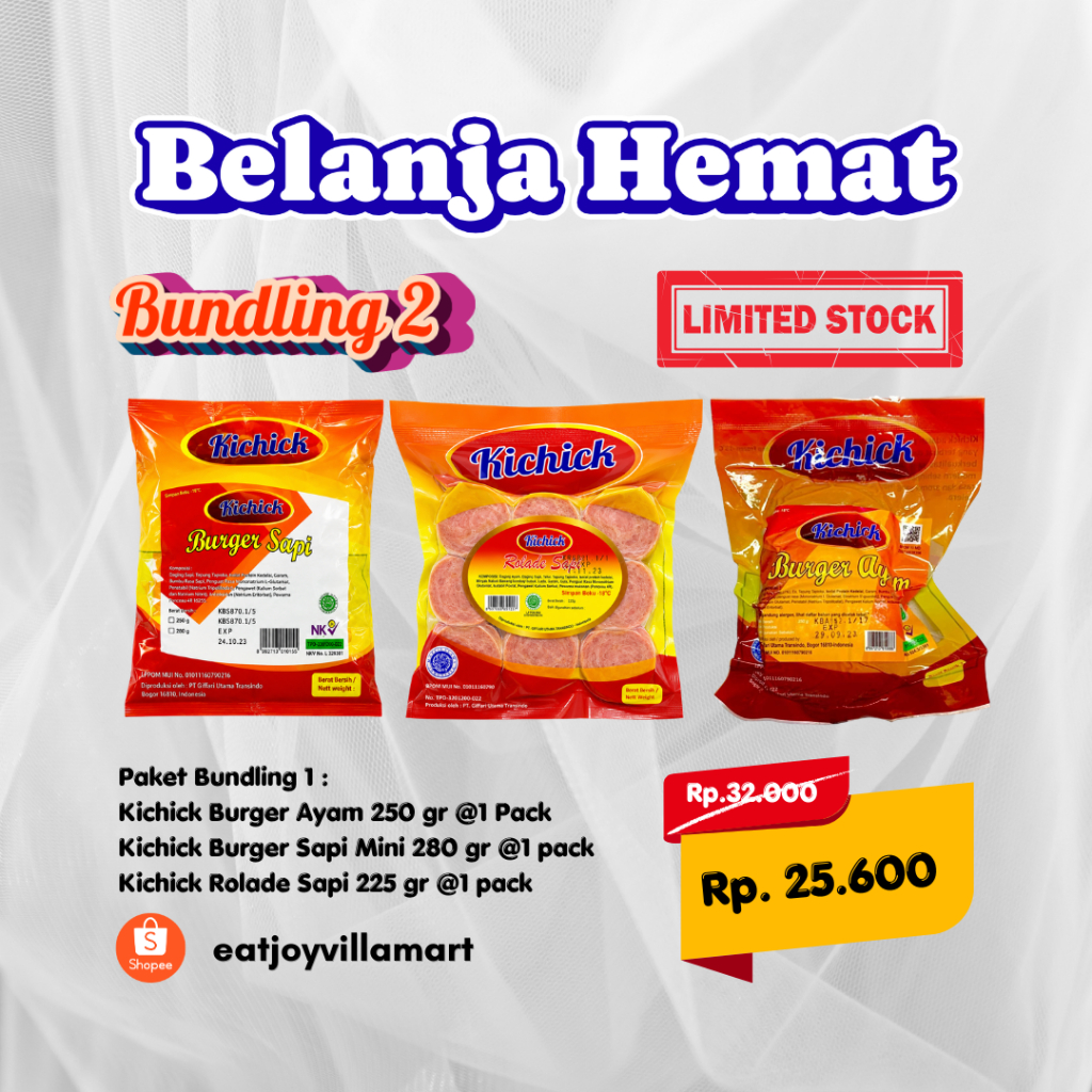 Paket Bundling Kichick Burger Ayam 250 gr + Burger Sapi Slice 280 gr + Rolade Sapi 225 gr Frozen Foo