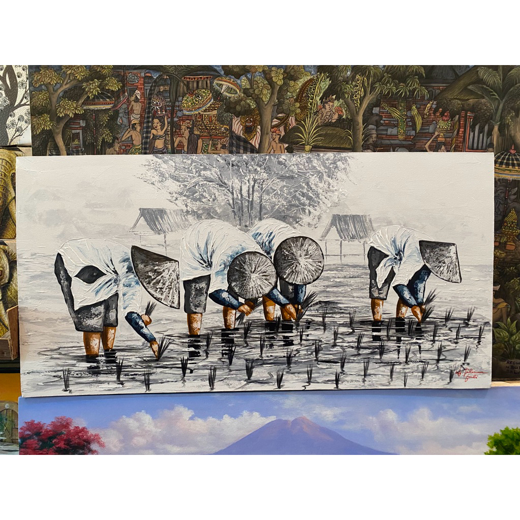 Lukisan Panen Padi, UK : 120 cm x 60 cm, Lukisan Bali