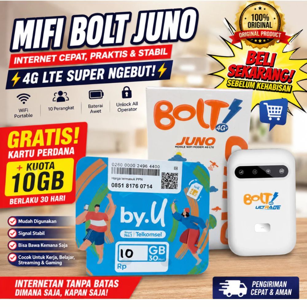 MiFi BOLT Juno 4G LTE Unlock Telkomsel, Kartu BY.U, Smartfren,  WiFi Portable Modem Mini Fullset Bon