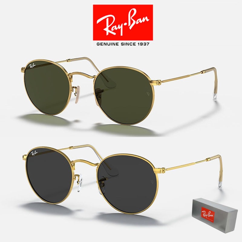 100% original Kacamata Hitam Ray-Ban Round Metal RB3447 Gold Black Pria Sunglasses
