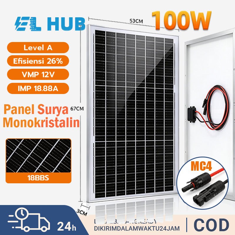 UORRIS Panel Surya Monokristalin 100WP 18BB Paket Lengkap Solar Charge Controller + Kabel MC4 Pemban