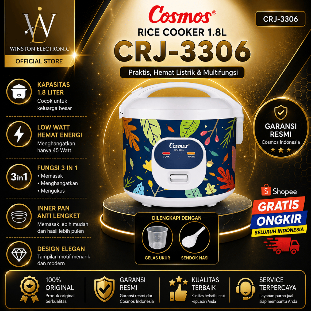 Rice Cooker COSMOS CRJ-3306/CRJ3306/CRJ 3306/CRJ-3306/CRJ 3306 1.8L/COSMOS RICE COOKER ORIGINAL