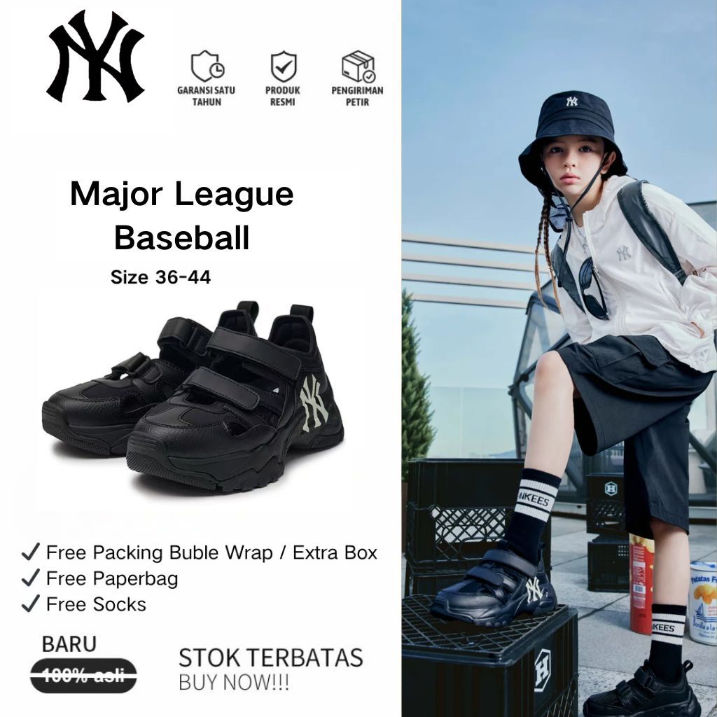 Bisa COD / Ready Stock Sepatu Sandal MLB Big Ball Chunky Mask Full Hitam Logo NY Putih Kulit Lembut 