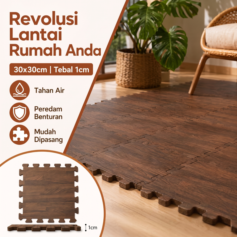 Homenta Matras Puzzle Evamat Motif Kayu 30x30cm/60x60cm Karpet Lantai Lembut Anti-Selip  Cocok Untuk