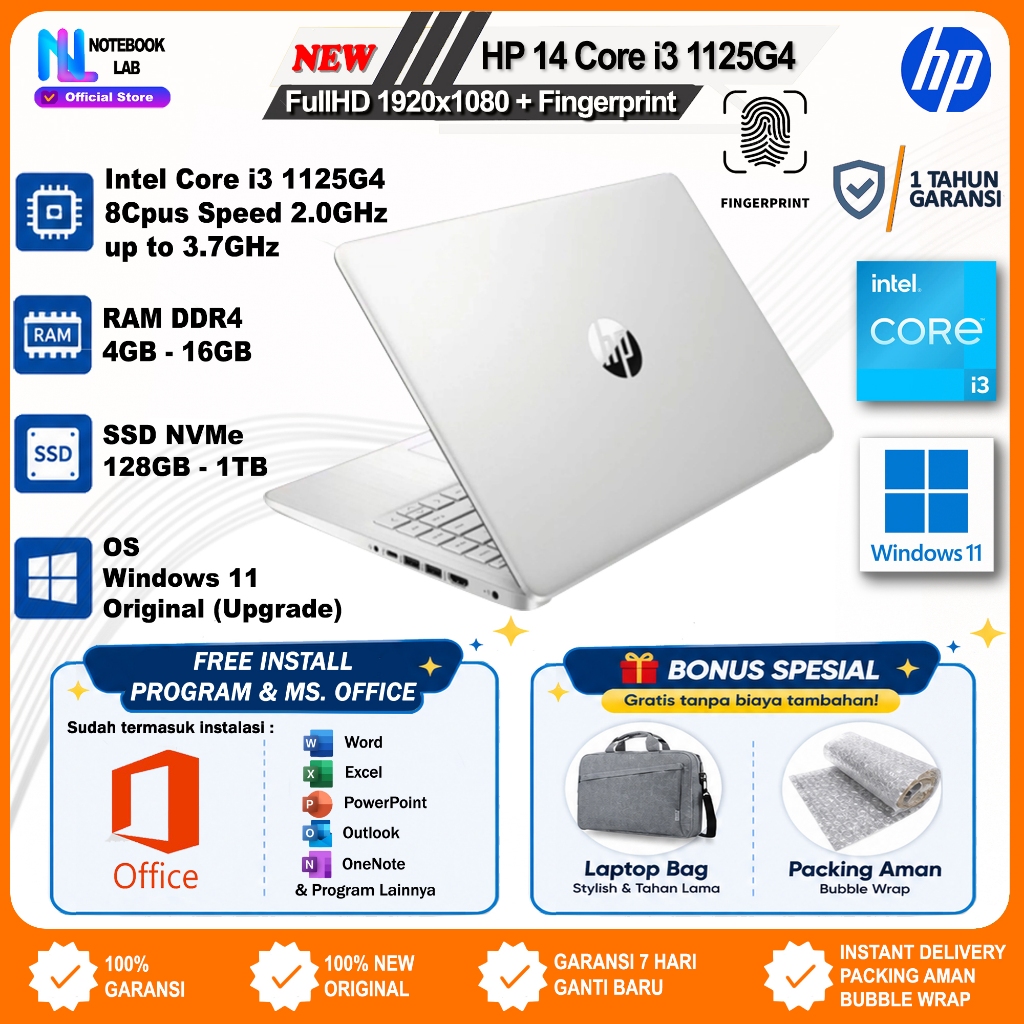 Laptop HP 14 Core i3 Gen 11 FullHD + Fingerprint Windows 11 Ori