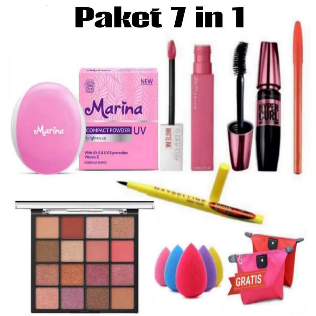Paket Komsetik Marina Super Lengkap 6 in 1 / Paket MakeUp Marina 6 In 1 - Bedak Marina + Eyeshadow +