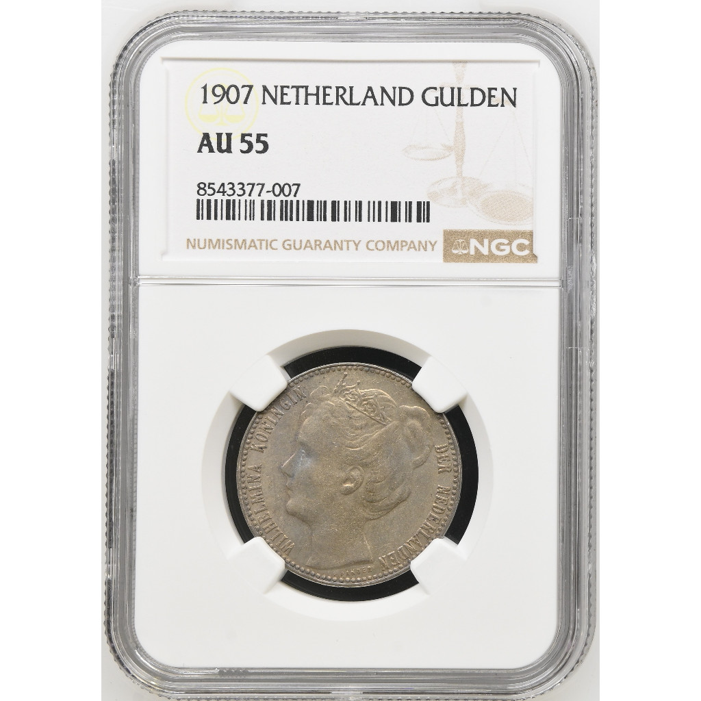 Koin Perak 1 Gulden Wilhelmina 1907 NGC AU55
