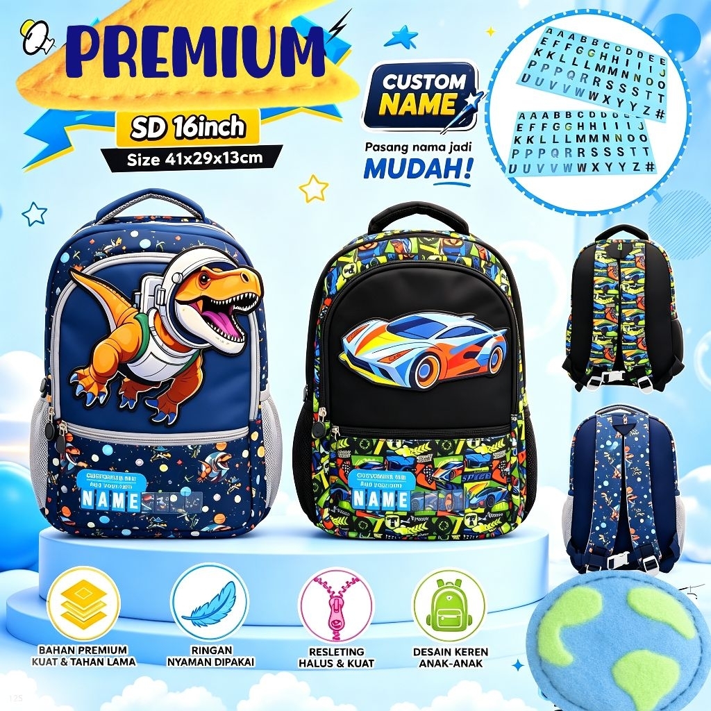 Tas Ransel Sekolah SD 16"inch Premium Bordir Custome Name Anak Laki Laki
