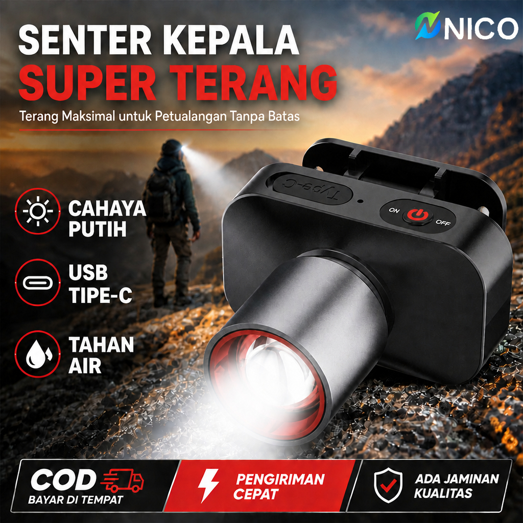 NICO Senter Kepala Super Terang Anti Air Senter Kepala Zoom 1000 Lumen