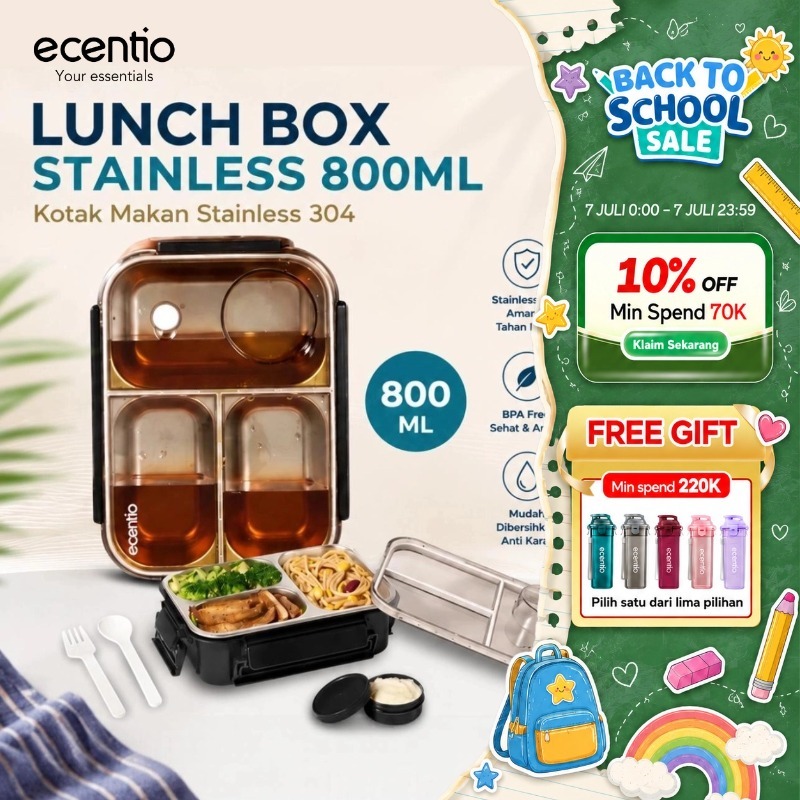 [Versi 2.0] ecentio lunch box stainless 800ml kotak makan stainless 304 tempat makan tempat bekal ma