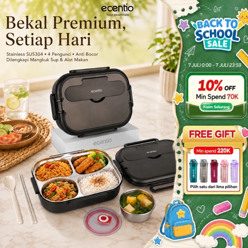 [Versi 2.0] ecentio Lunch Box Stainless 304 1000ML Kotak Makan Anti Bocor Anti Tumpah Tempat Bekal M