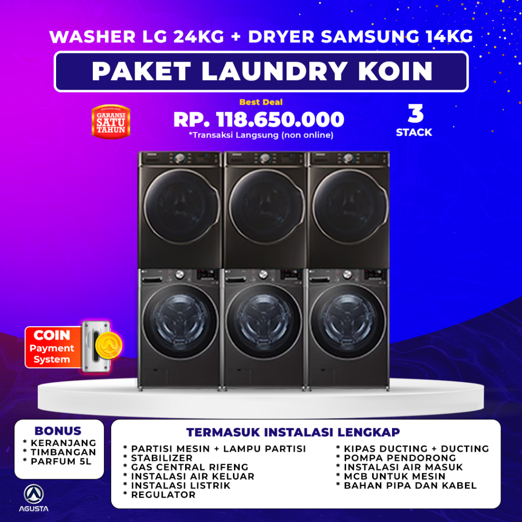 Paket Mesin Laundry KOIN 3 Stack SAMSUNG COMMERCIAL dryer 14kg & washer LG 24kg