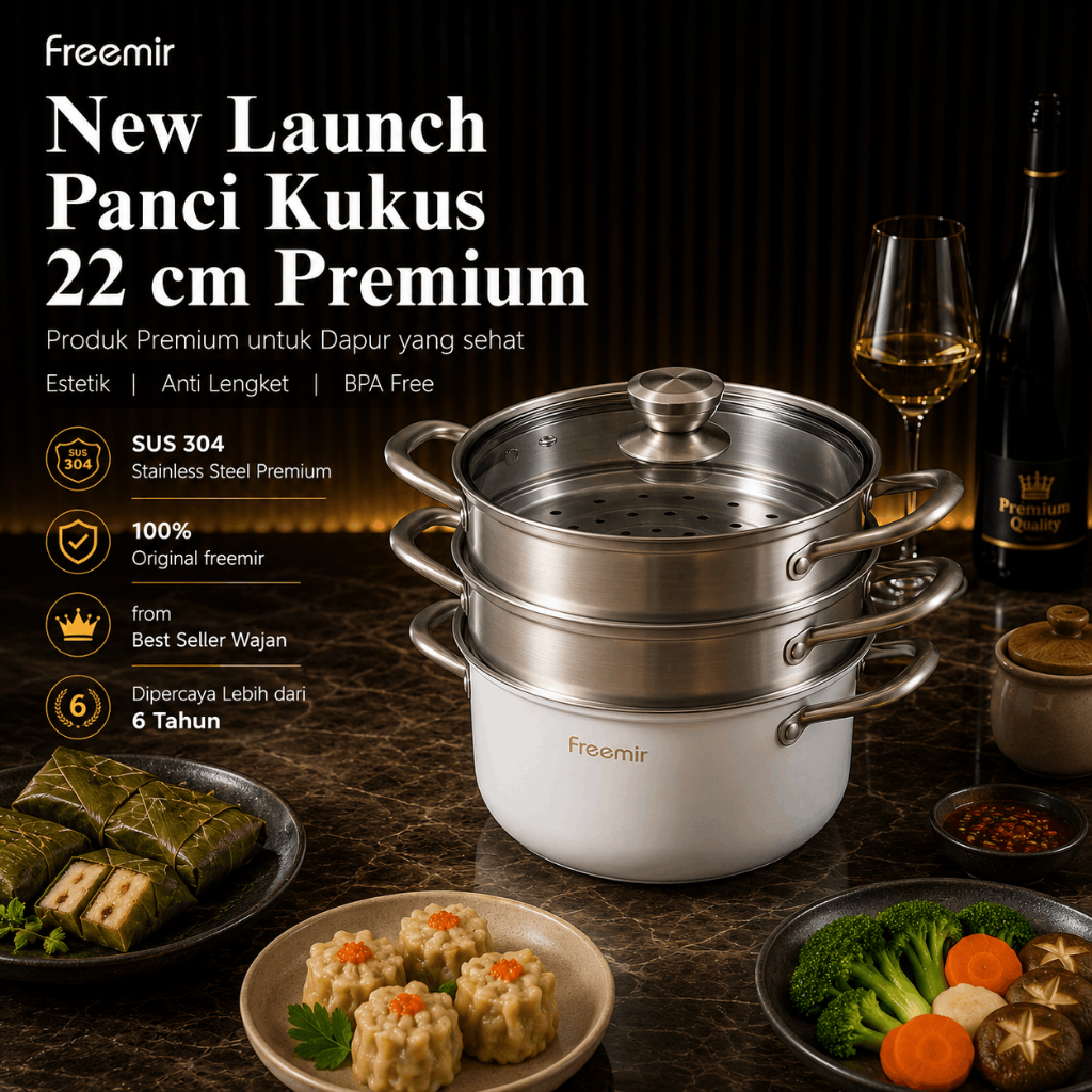 [PREMIUM] freemir Panci Kukus Stainless Steel 304 Panci Anti Karat Serbaguna 24cm Beige Estetik