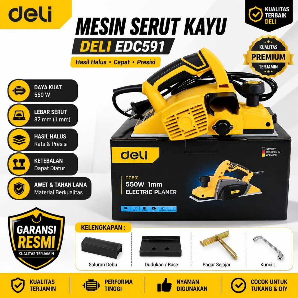 JUAL DELI Mesin Serut Kayu Listrik EDC591 580W Planer Elektrik 82mm Ketam kayu Portable Original/ Me