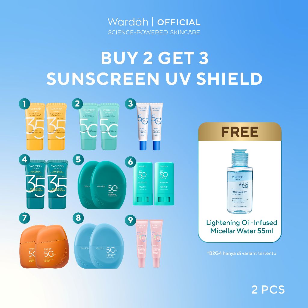 [BUY 2 GET 3 Free Micellar Water] TWINPACK Wardah UV Shield Airy Smooth Acne Calming Aqua Tone Up Ph