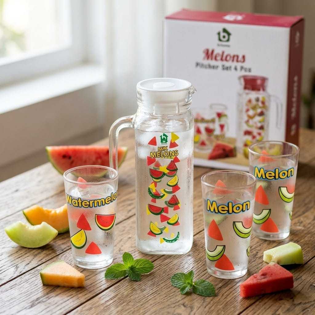 TEKO GELAS SET MOTIF MELON SEMANGKA / PITCHER SET 4IN1 PREMIUM