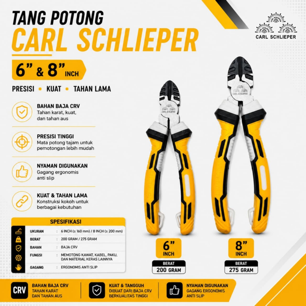 CARL SCHLIEPER Tang Potong 6" 8" Bahan CRV