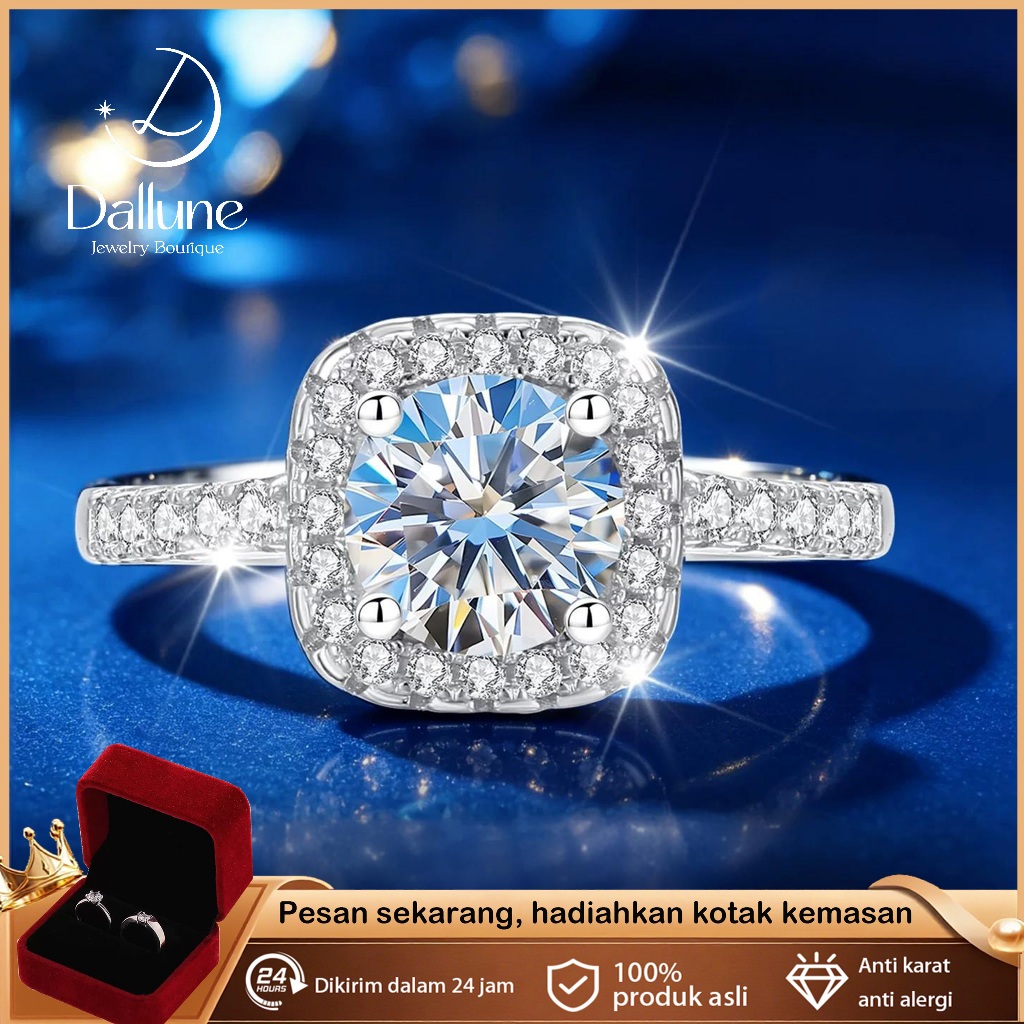 Dallune Original | Kotak Indah | Cincin Wanita Perak S925 Batu Moissanite Kotak Adjustable Untuk Lam