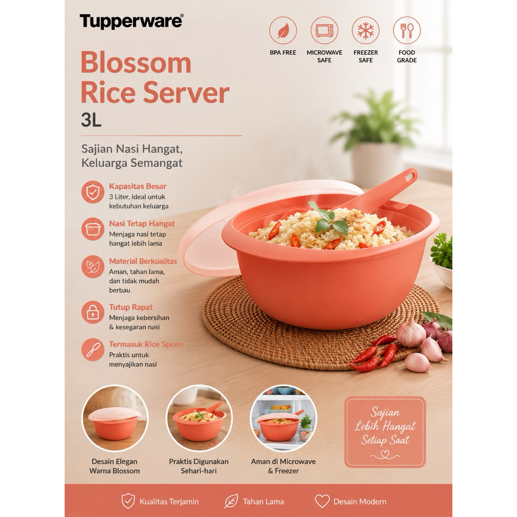 tupperware blossom rice server 3L warna peach tempat wadah nasi sayur prasmanan