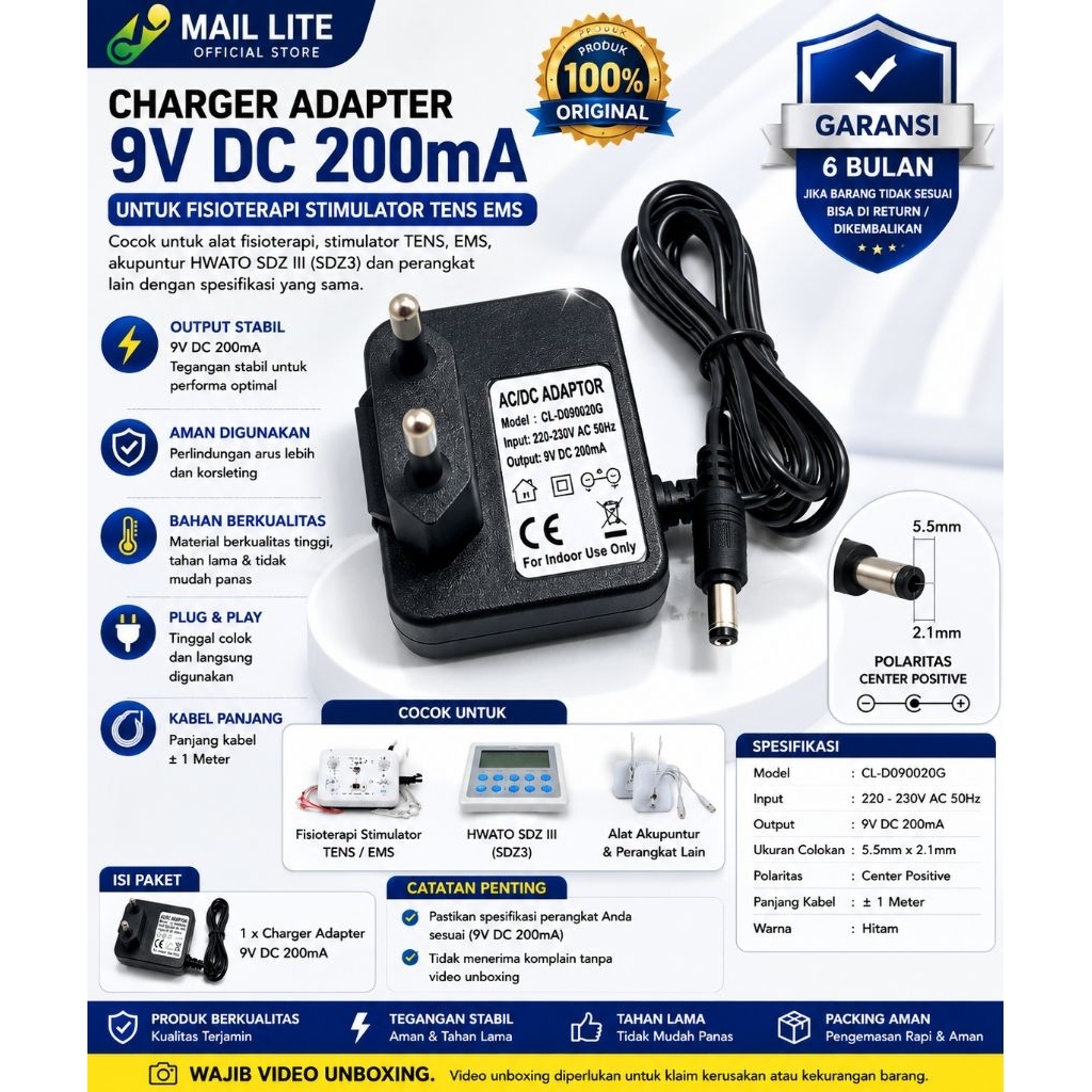 AC/DC Adaptor 9V 200mA Untuk Fisioterapi Stimulator Tens EMS hwato sdz III Akupuntur SDZ3