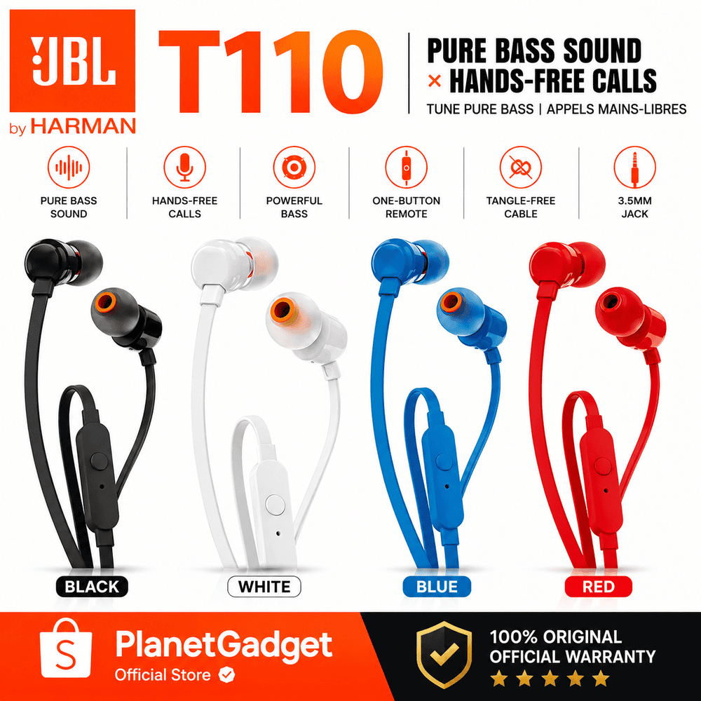 JBL T110 Earphone Headset Handsfree Pure Bass Stereo Mikrofon Original