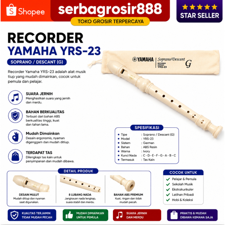Seruling Recorder Flute Soprano Yamaha YRS-23 /Suling Alat Musik Tiup Seruling
