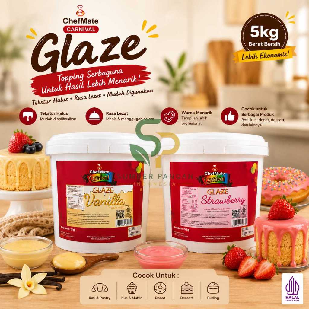 Chefmate Carnival Glaze Saus Pelapis Donat Shiny Strawberry Vanilla Caramel 5kg