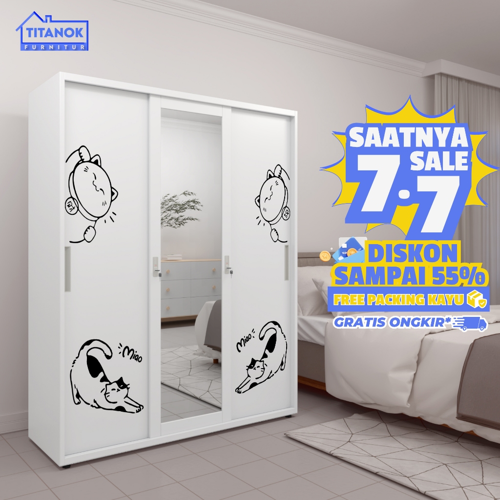 Titanok Official Lemari Pakaian Besi 3 Pintu Sliding Jumbo - 150cm 2 Batang Rak Baju