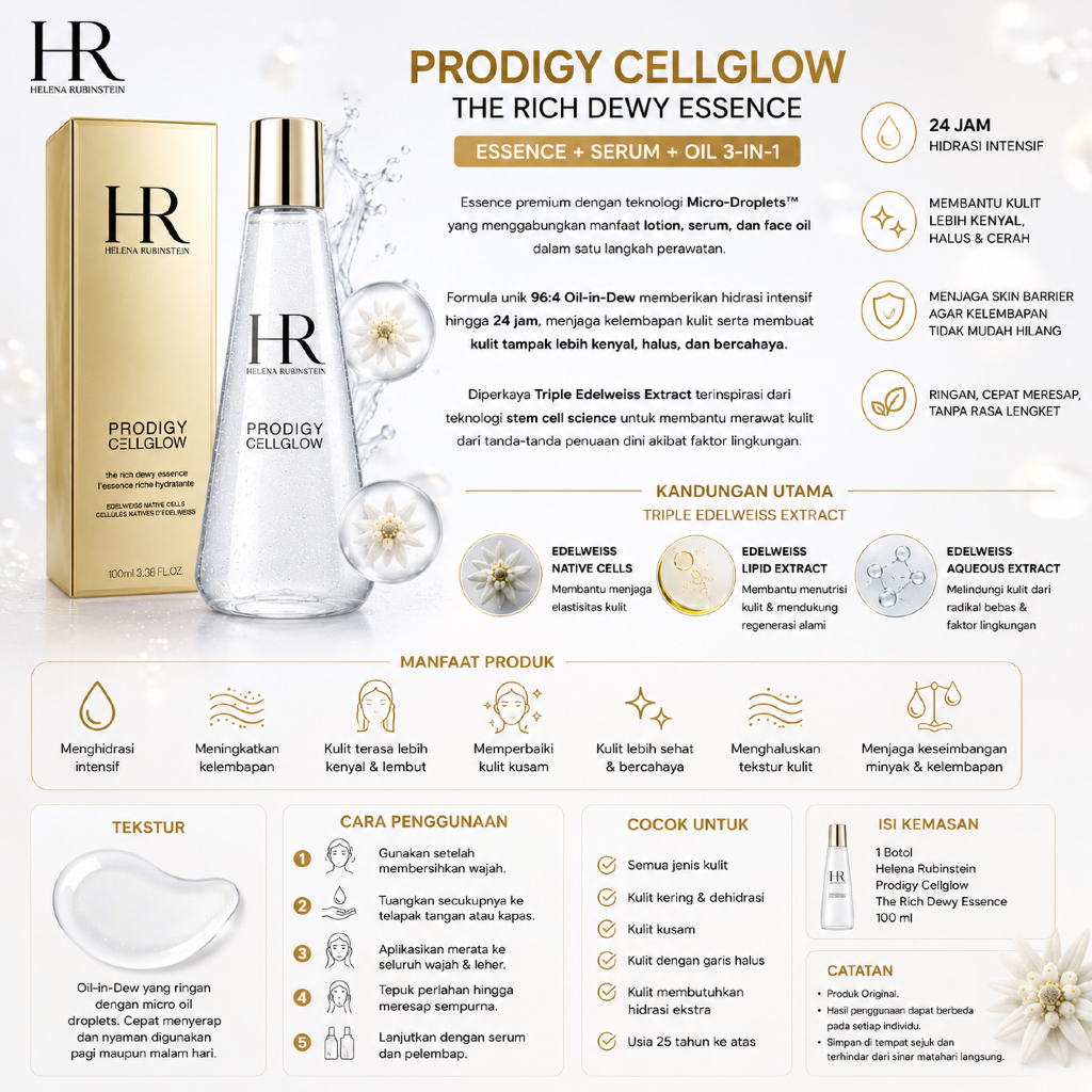 Helena Rubinstein Prodigy Cellglow The Rich Dewy Essence | Essence + Serum + Oil 3-in-1 | Hydrating 