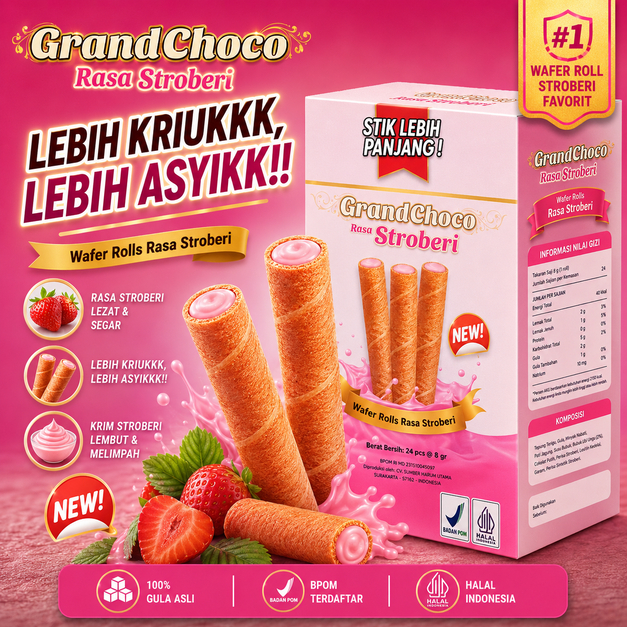 Grandchoco Rasa Strawberry | Wafer Roll Renyah, Kriuk, Isian Pasta Melimpah