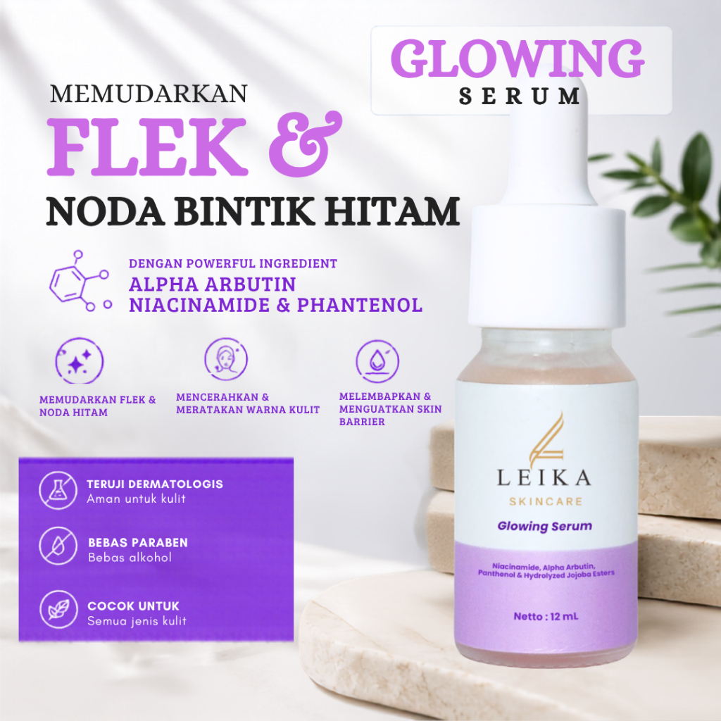 Leika Skincare Glowing Serum Memudarkan Flek & Noda Hitam, Mencerahkan & Melembabkan