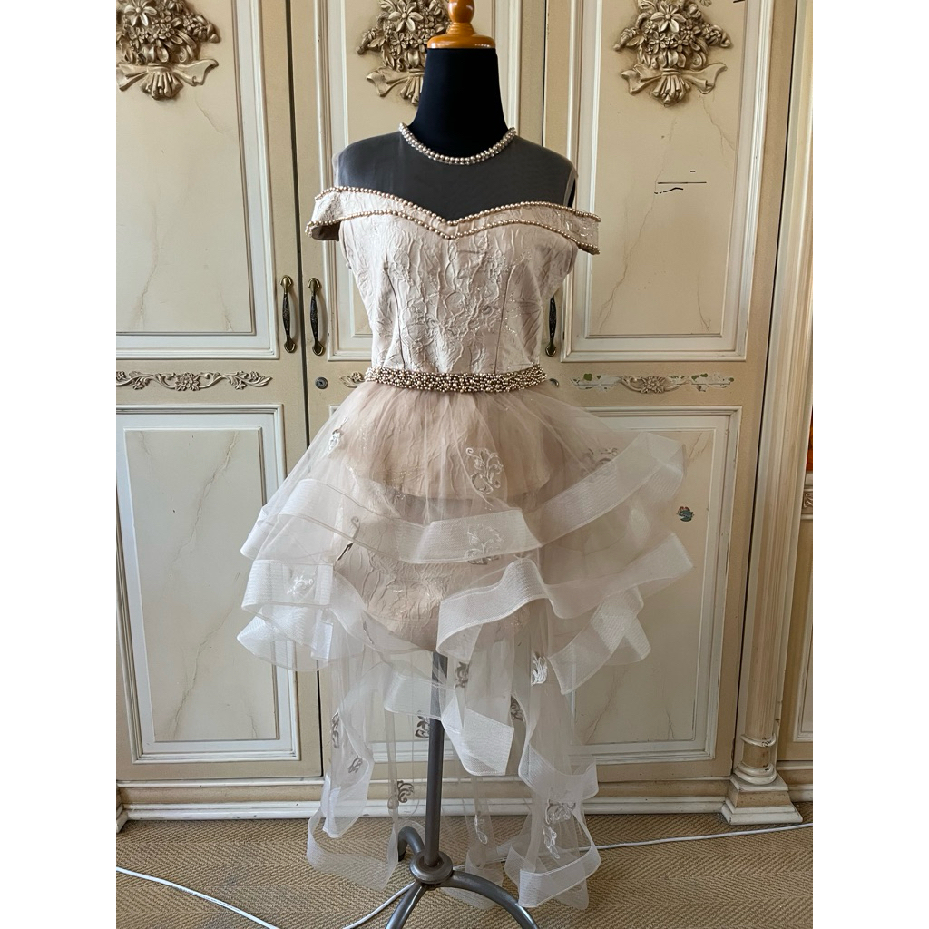 Gaun High-Low Off Shoulder Tulle Premium | Pearl Off Shoulder High Low Dress