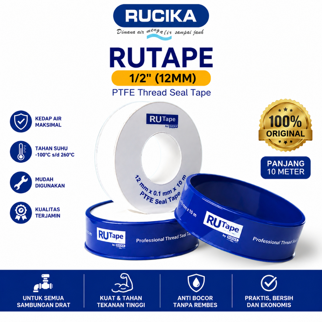 RUCIKA RUTAPE 1/2" 12MM PTFE RUCIKA Seal Tape SEALTAPE Teflon Drat Pipa Ulir Anti Bocor Original 10 