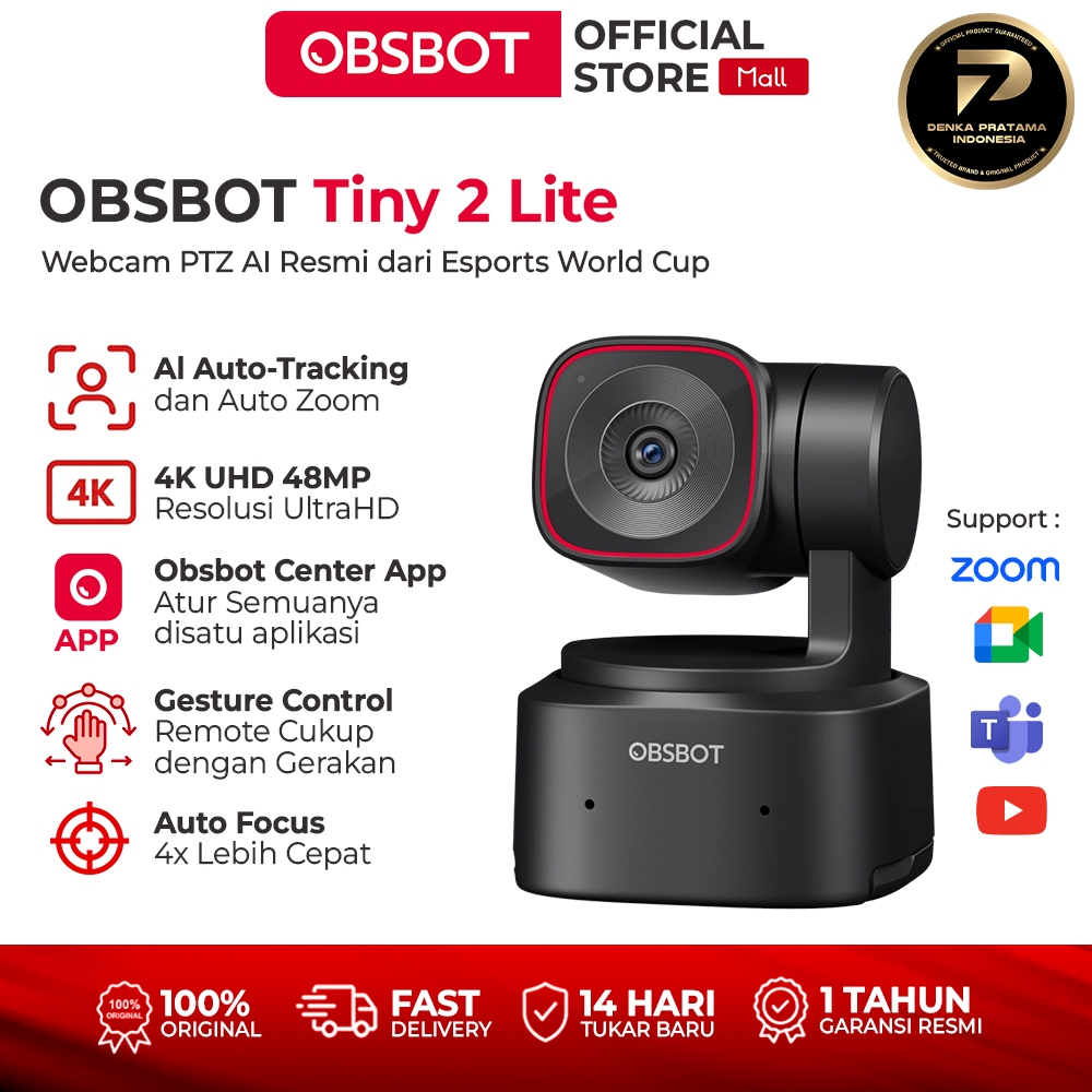 OBSBOT - Tiny 2 Lite Webcam Camera PTZ 4K 30FPS 48MP dengan AI Tracking, Zoom Otomatis, Gestur, Prak