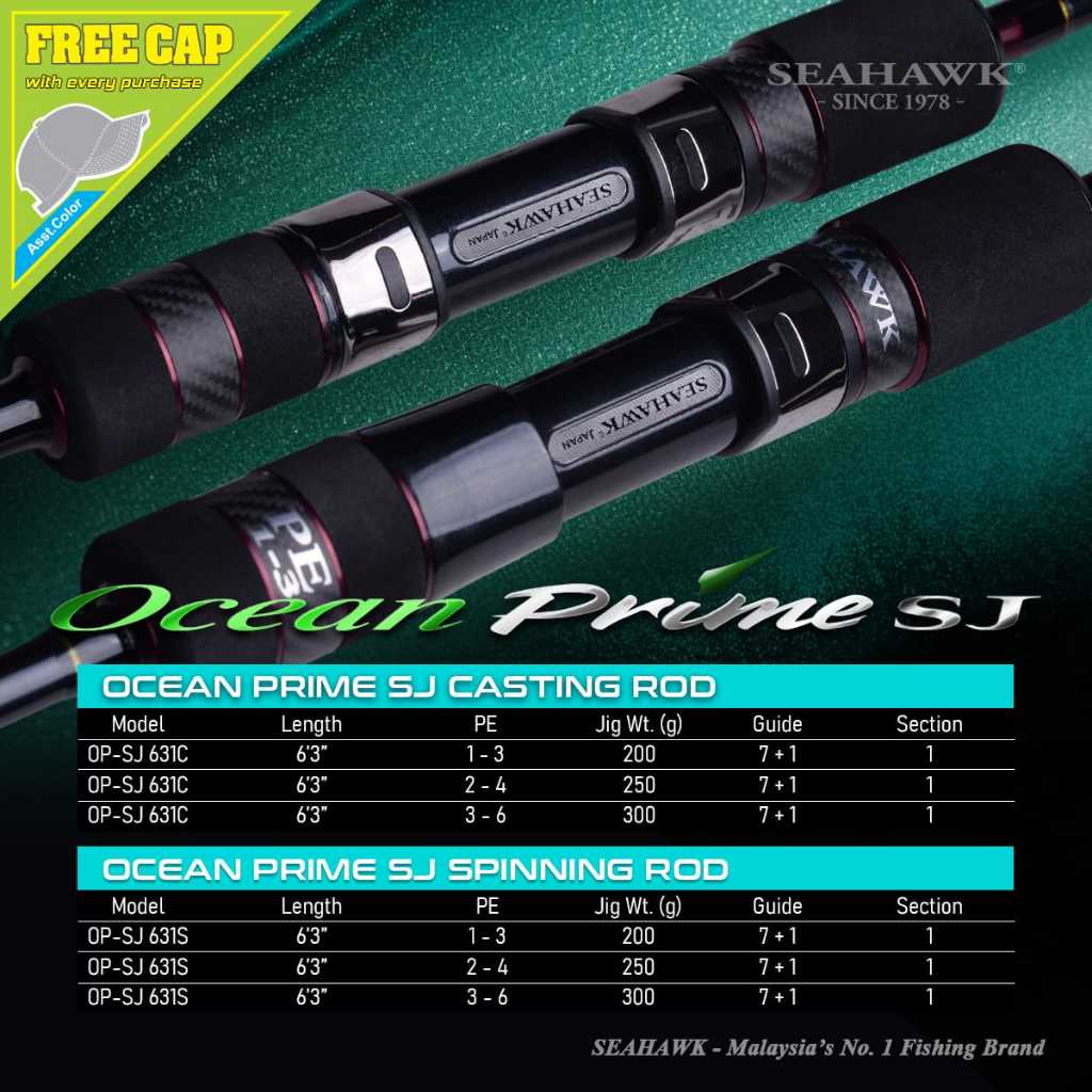 Joran one Piece Seahawk OCEAN PRIME SJ Casting Spinning Rod PE 1-3 2-4 3-6 FREE Topi