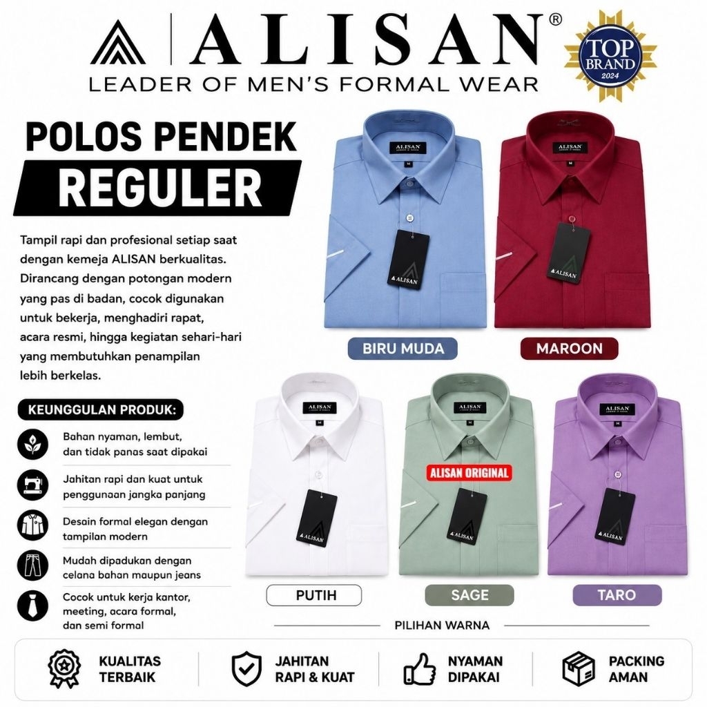 Kemeja Alisan polos Lengan pendek Reguler Size XS-XXXL