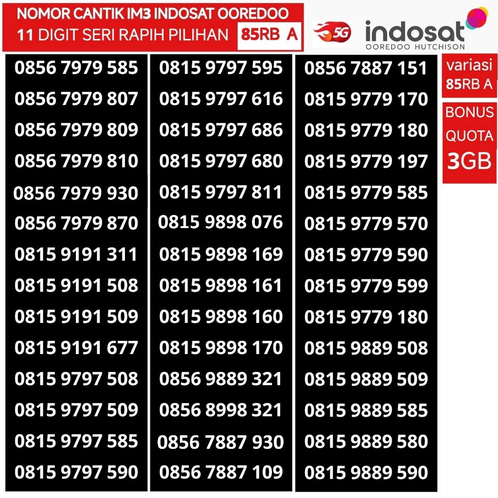 nomer cantik indosat ooredoo 11 digit kartu perdana im3 rapih 4G 5G obral bonus quota 3GB bukan 10 d