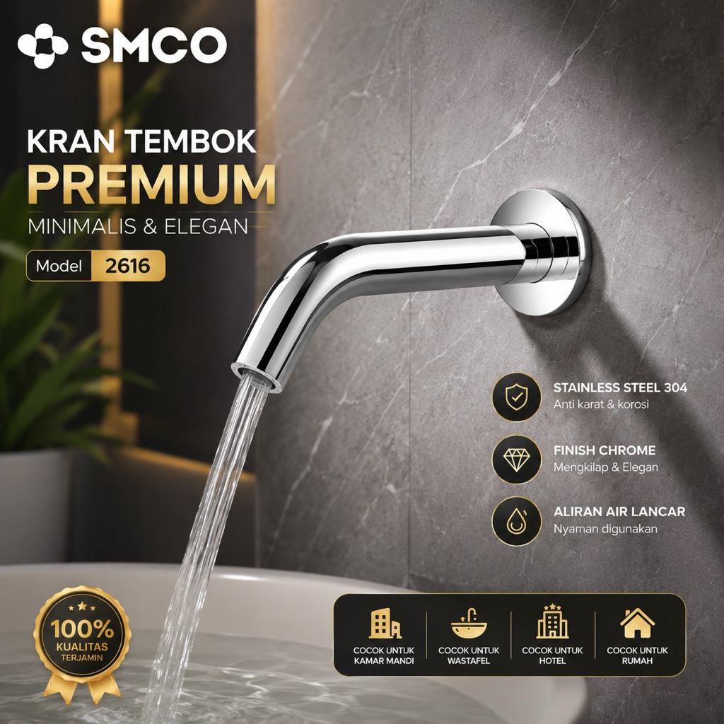 Kran Sensor Tembok Wastafel Cuci Tangan Otomatis Baterai Listrik SMCO 2616