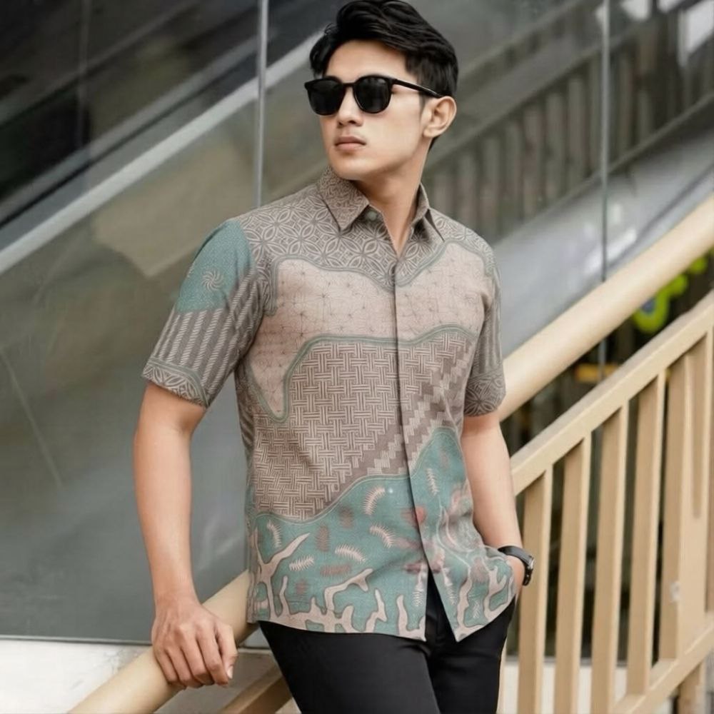 kemeja batik pria baju lengan pendek hem cowok Slimfit Atasan Kondangan alisan Model Terbaru